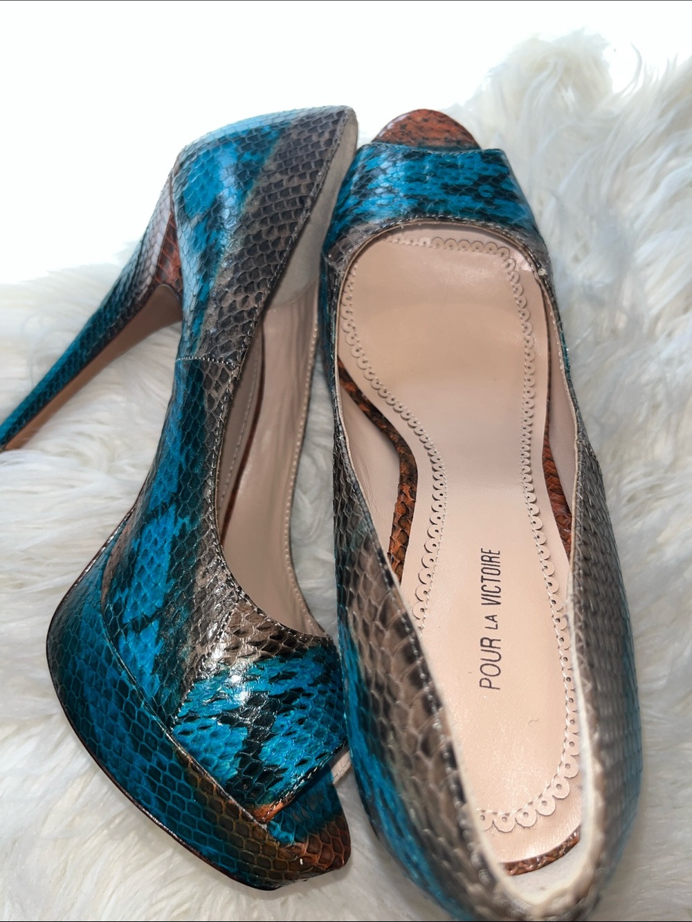 Blue Snake-Print Peep-Toe High Heels
